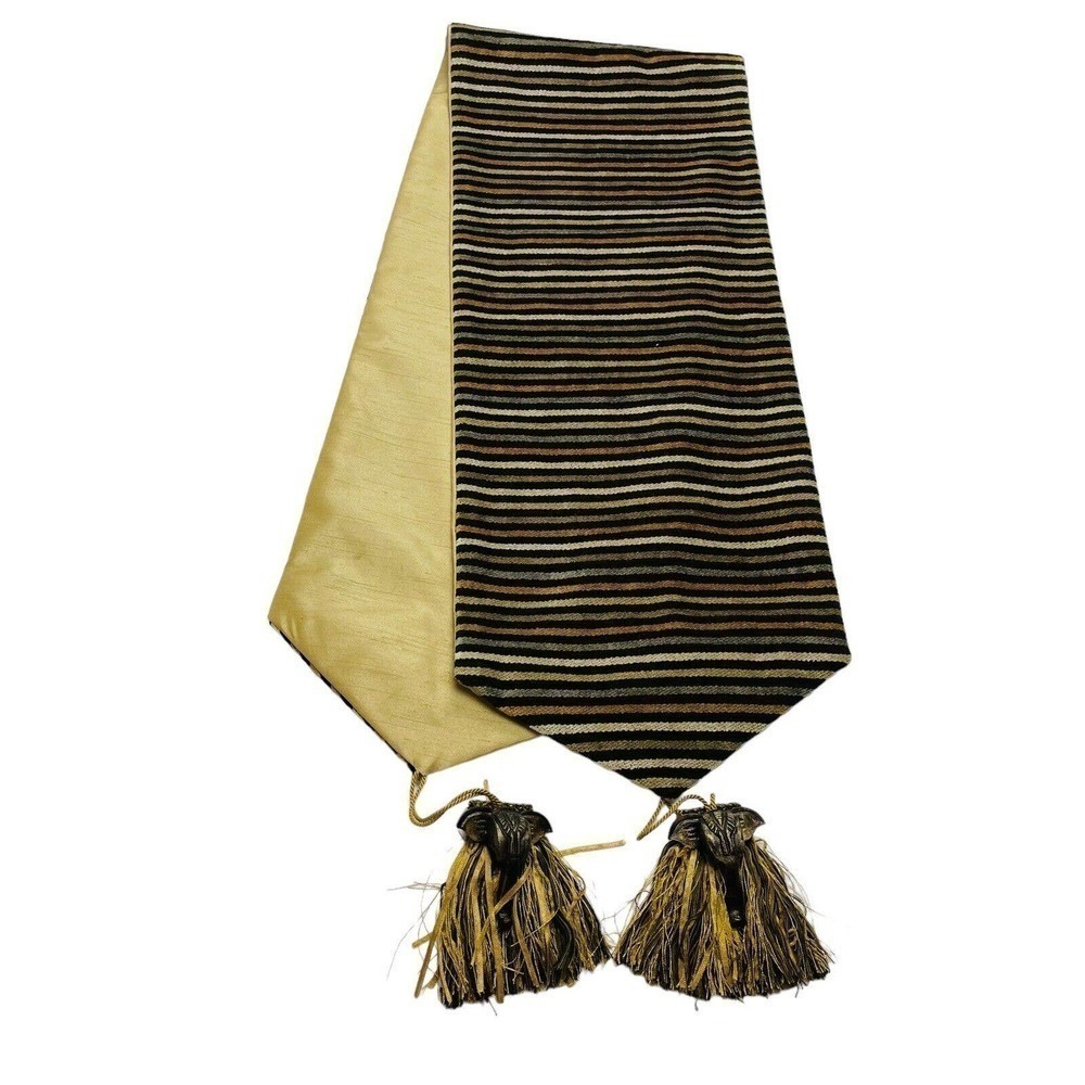 Reversible Silk Shantung Table Runner Velour‎ Stripe 11x58 Gold Tones Elephant